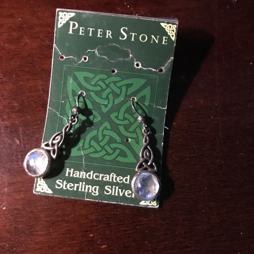 925 Rare Peter Stone Sterling Silver Celtic Drop Earrings with Rainbow Moonstone